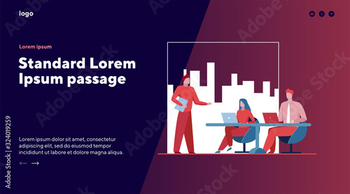 Business coach talking to audience. Leader or boss instructing team flat vector illustration. Speaker, training, leadership concept for banner, website design or landing web page