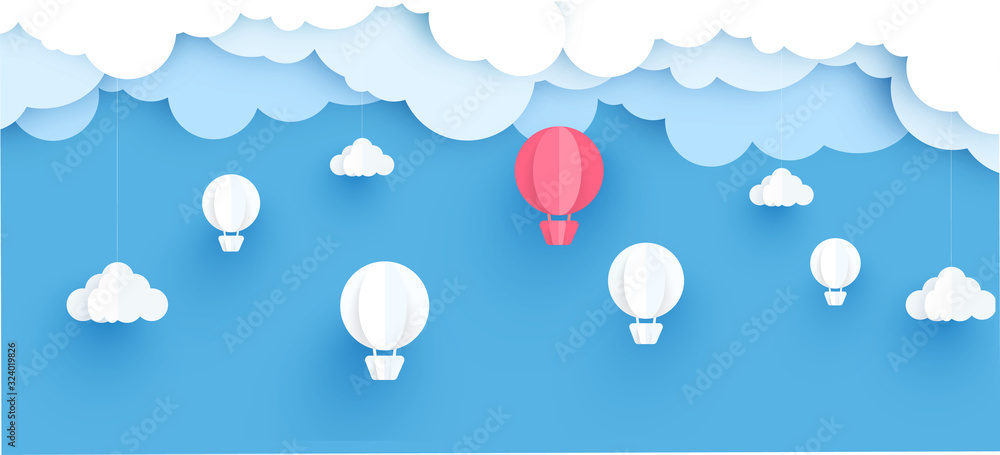Naklejka Hot air balloon paper art style with pastel sky background vector illustration.