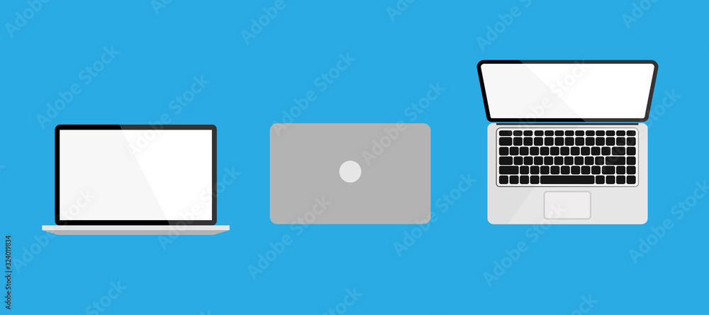 Laptop from different angles or position. Empty or blank display screen. Computer mock up isolated on blue background. Equipment for office. Vector illustration. Laptop from different angles or position. Empty or blank display screen. Computer mock up isolated on blue background. Equipment for office. Vector illustration.