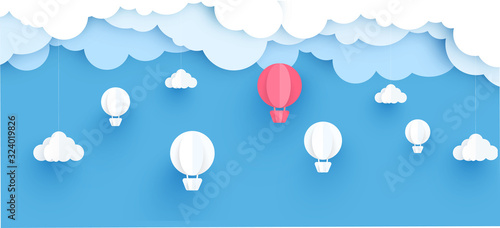 Naklejka Hot air balloon paper art style with pastel sky background vector illustration.