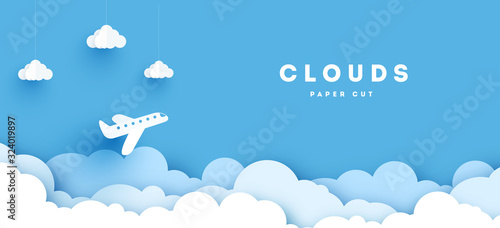 paper airplanes flying across clouds. design paper art and crafts. vector illustration