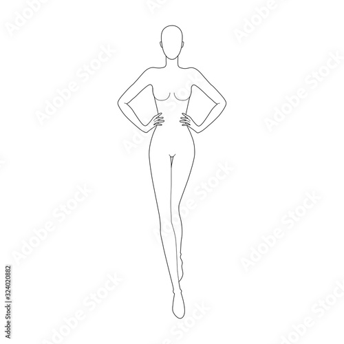 Fashion template 9 head for technical drawing with main lines. 