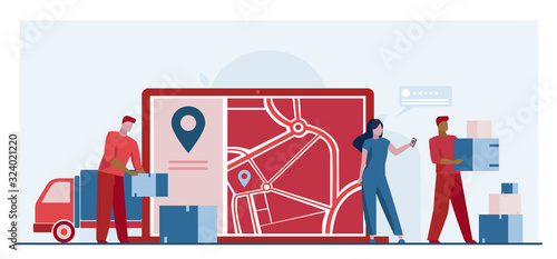 Online order delivery. Courier unloading van, carrying boxes near city map with pointer flat vector illustration. Shipment, logistics, service concept for banner, website design or landing web page