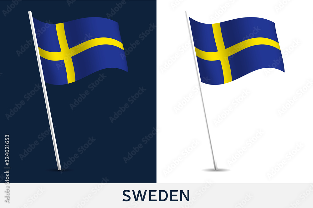 Sweden vector flag. Waving national flag of Sweden isolated on white and dark background. Official colors and proportion of flag. Vector illustration. European football 2020 tournament final stage Sweden vector flag. Waving national flag of Sweden isolated on white and dark background. Official colors and proportion of flag. Vector illustration. European football 2020 tournament final stage