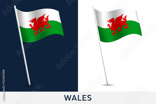 Wales vector flag. Waving national flag of Wales isolated on white and dark background. Official colors and proportion of flag. Vector illustration. European football 2020 tournament final stage