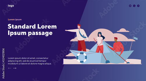 Business team rowing boat. Leader pointing hand forward flat vector illustration. Teamwork, travel, leadership concept for banner, website design or landing web page