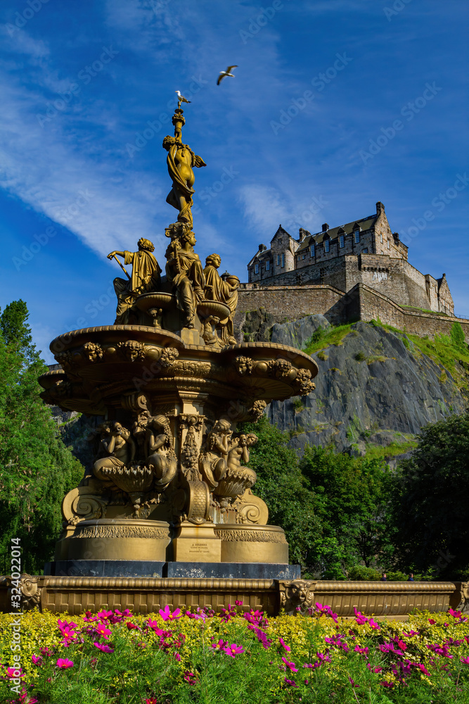 Afternoon sunny view of the Ross Fountain and Ediburgh Castle