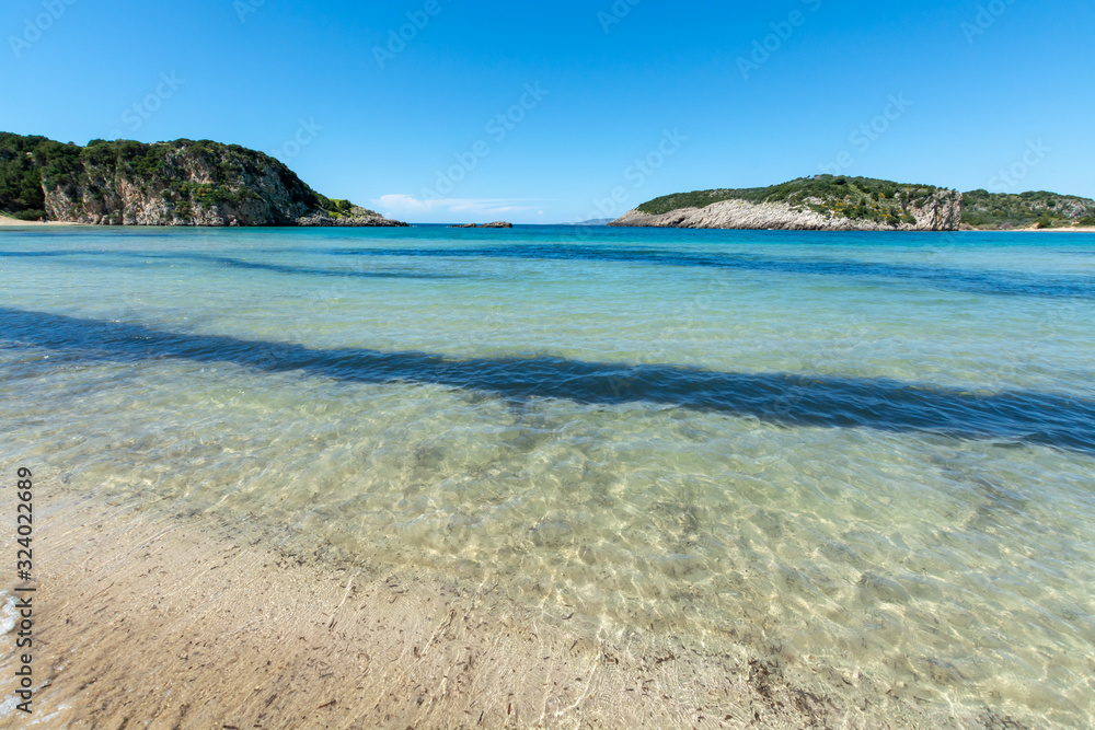 Fototapeta premium Sandy beaches of Peloponnese, white sand beach Voidokilias near Pylos, Greece