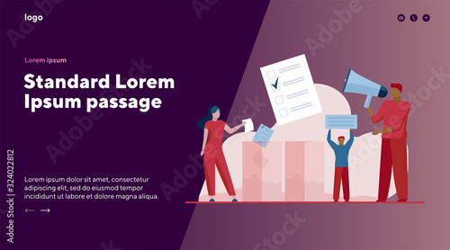 Voters throwing forms into ballot boxes. Activists shouting at megaphone, holding placard flat vector illustration. Election campaign, poll concept for banner, website design or landing web page