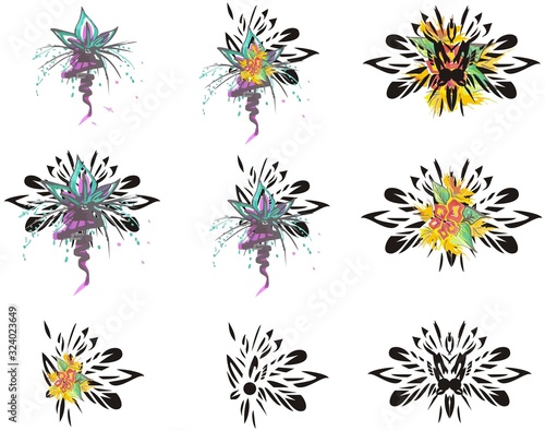 Decorative color and black flower symbols. Abstract flowers on a white background for textiles, tattoos, cards, emblems, embroidery, etc.
