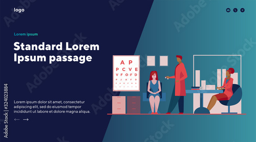 Ophthalmologist and nurse checking woman eyesight. Female patient sitting in oculist cabinet flat vector illustration. Vision test, ophthalmology concept for banner, website design or landing web page