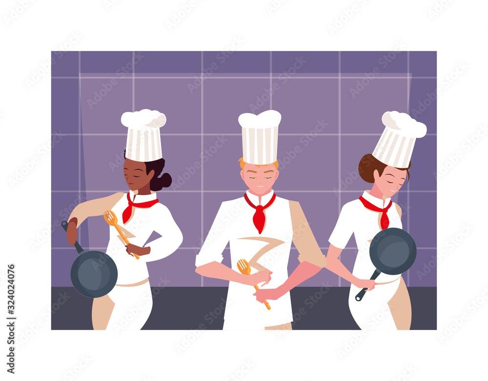 group of people cooking, set of chef with white uniform group of people cooking, set of chef with white uniform