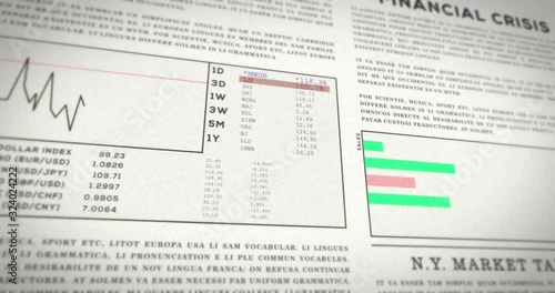 Wallpaper Mural Flying over newspaper with finance articles. Digitally animated diagrams show the development of shares on the stock market. Torontodigital.ca