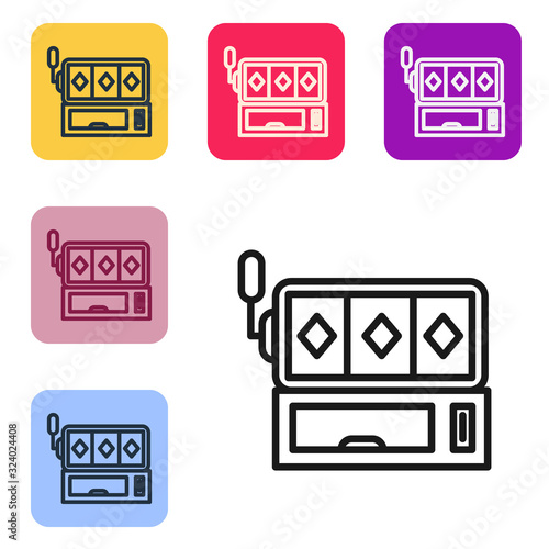 Black line Slot machine icon isolated on white background. Set icons in color square buttons. Vector Illustration