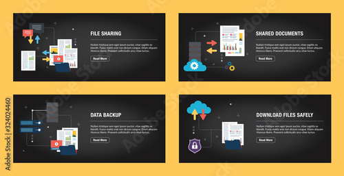 Set of internet banner design templates for web sites, internet marketing, and business. File sharing, shared documents, data backup and download files safely. Flat design vector.