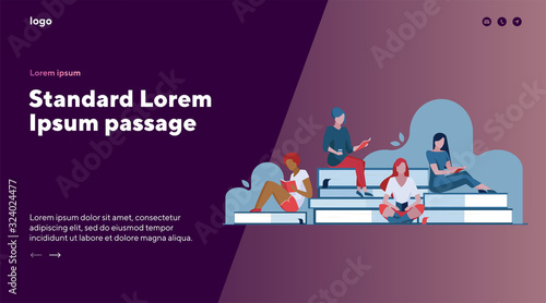 Four female students reading books. Girls sitting on giant books flat vector illustration. Library visitors, bookstore, education concept for banner, website design or landing web page