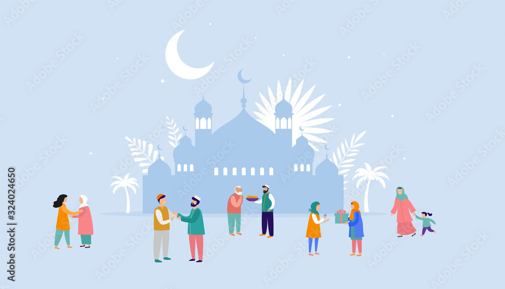 Naklejka premium Ramadan Kareem, Eid mubarak, greeting card and banner with many people, giving gifts, food.Islamic holiday background. Vector illustration