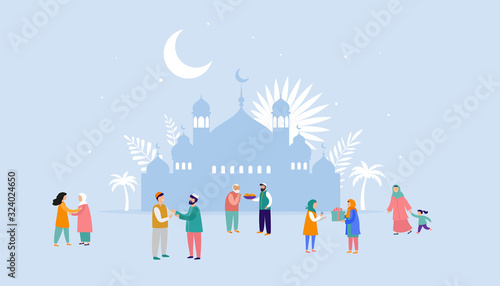 Ramadan Kareem, Eid mubarak, greeting card and banner with many people, giving gifts, food.Islamic holiday background. Vector illustration