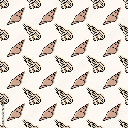 Seamless vector sea life pattern in sepia color, doodle hand drawn sea shell background, marine texture, ocean seafish illustration