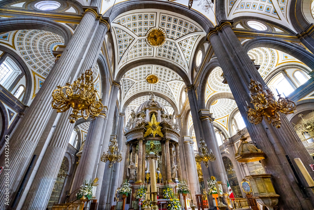 Basilica Altar Ornate Coloful Ceiling Puebla Cathedral Mexico