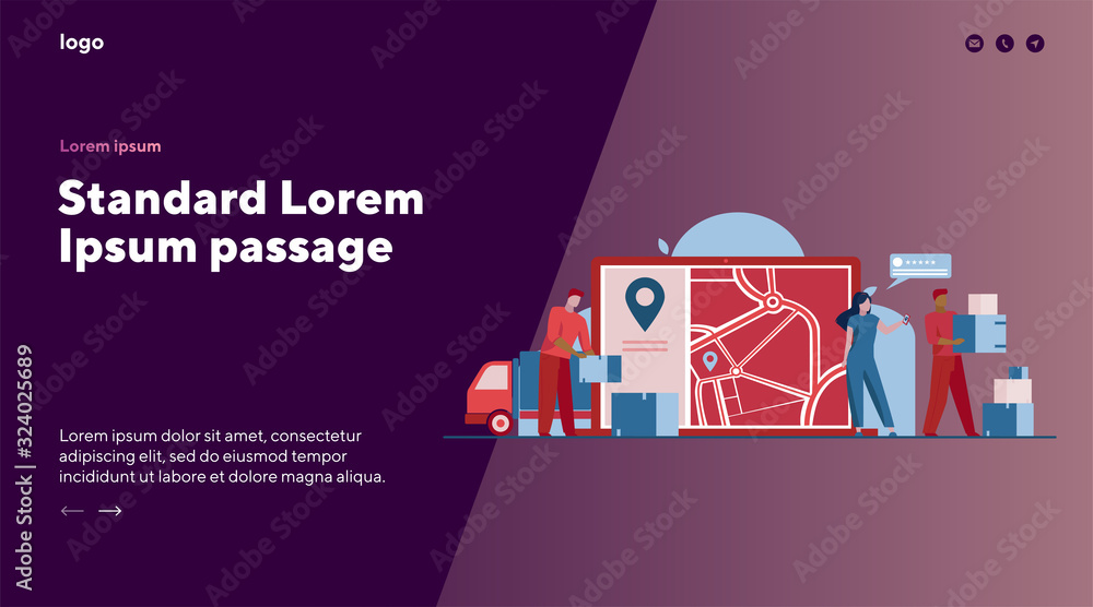 Online order delivery. Courier unloading van, carrying boxes near city map with pointer flat vector illustration. Shipment, logistics, service concept for banner, website design or landing web page Online order delivery. Courier unloading van, carrying boxes near city map with pointer flat vector illustration. Shipment, logistics, service concept for banner, website design or landing web page