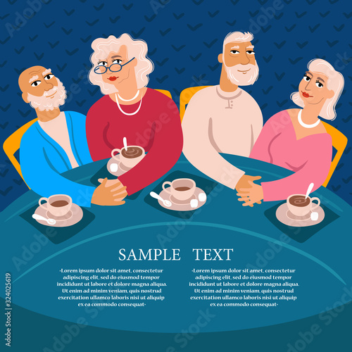 Vector colorful illustration on the theme of guests, friendship, togetherness, meeting, tea party. Old women and men are sitting at the table and drinking tea. Flat characters design