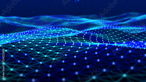 Network of bright connected dots and lines. Abstract dynamic wave of many points. Big data. Perspective grid of points and lines. Digital background. 3D rendering.