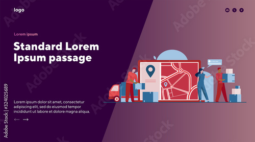 Online order delivery. Courier unloading van, carrying boxes near city map with pointer flat vector illustration. Shipment, logistics, service concept for banner, website design or landing web page