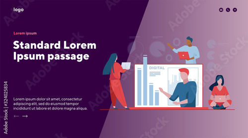 Workgroup analyzing report. Team using laptops, worker presenting bar chart flat vector illustration. Marketing, analysis, work on project concept for banner, website design or landing web page