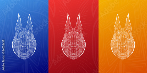 Anubis symbols, grunge Egyptian god logo banner, poster design. Colorful digital lineart.