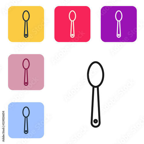 Black line Heroin in a spoon icon isolated on white background. Concept of drug addiction and dependence from the narcotic. Junkie lifestyle. Set icons in color square buttons. Vector Illustration
