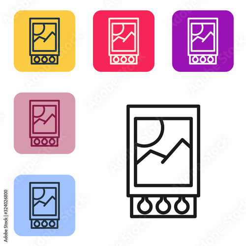 Black line Open matchbox and matches icon isolated on white background. Set icons in color square buttons. Vector Illustration