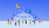 Ramadan Kareem, Eid mubarak, greeting card and banner with many people, giving gifts, food. Islamic holiday background. Vector illustration