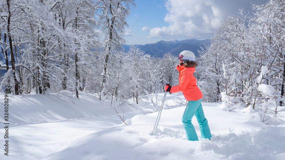 Young female skier in bright jacket stands and looks at the scenic mountain landscape. The concept of sport and recreation. space for text, back view Young female skier in bright jacket stands and looks at the scenic mountain landscape. The concept of sport and recreation. space for text, back view