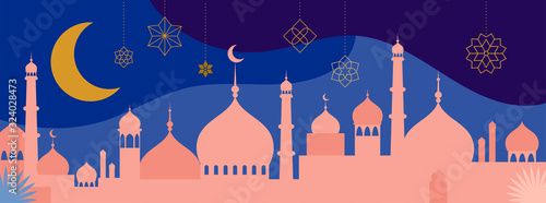 Ramadan Kareem, Happy Ramadan, greeting card and banner. Eid mubarak, Islamic holiday background. Vector illustration
