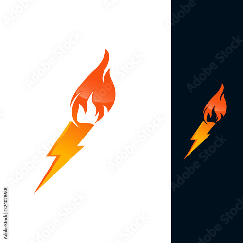Creative energy power concept shown in a shape of lightning bolt with fire flame, vector logo or icon, the power of idea, design and art, science invention or research.