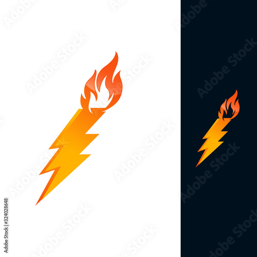 Creative energy power concept shown in a shape of lightning bolt with fire flame, vector logo or icon, the power of idea, design and art, science invention or research.