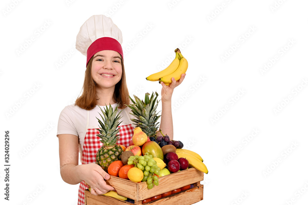 female cook with bananas and other fruit in wooden crate female cook with bananas and other fruit in wooden crate