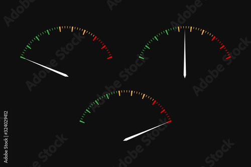 Set of simple vector tachometers with indicators in red, yellow and green part,  speedometer icon, performance measurement symbol on black background