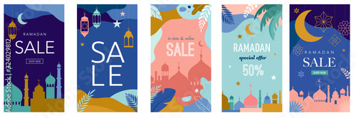 Ramadan Kareem, Happy Ramadan, greeting card. Eid mubarak, Islamic holiday background. Story template set. Sale design banners. Vector concept illustration