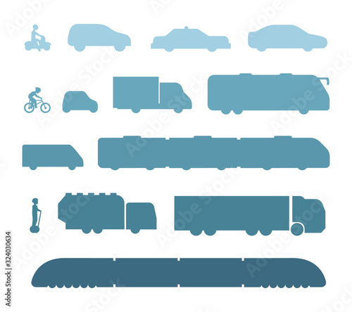 Different kinds of city and intercity public transport silhouette. Set transportation vector illustration. Car, bus and truck Icons.