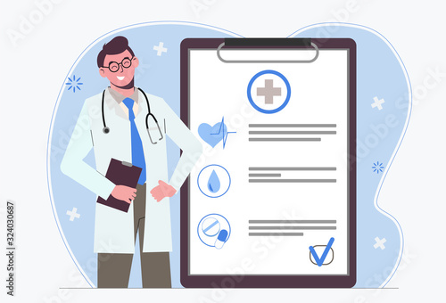 Male doctor. Medical insurance. Doctor's appointment. Examination and medical history. Healthcare Flat illustration isolated on white background