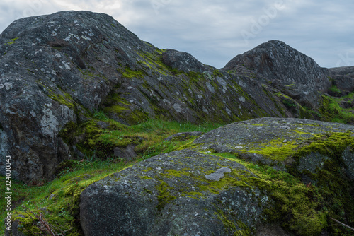 Close up landscape of large moss-covered boulders and cloudy sky at Cap Sante Park in Anacortes, Washington © Angela