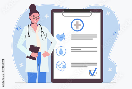 Female doctor. Medical insurance. Doctor's appointment. Examination and medical history. Healthcare Flat illustration isolated on white background