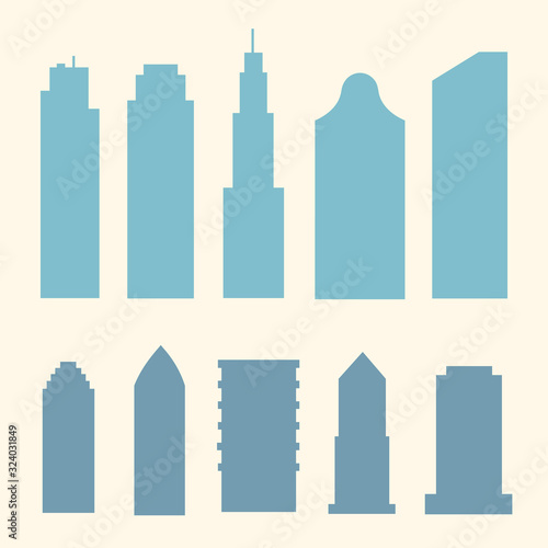 Buildings and downtown skyscrapers silhouette. Big city buildings vector illustration. Office apartment and house residential exterior.