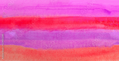 Colorful watercolor texture background. Pink red and purple color paint stripe stain splash water on white paper