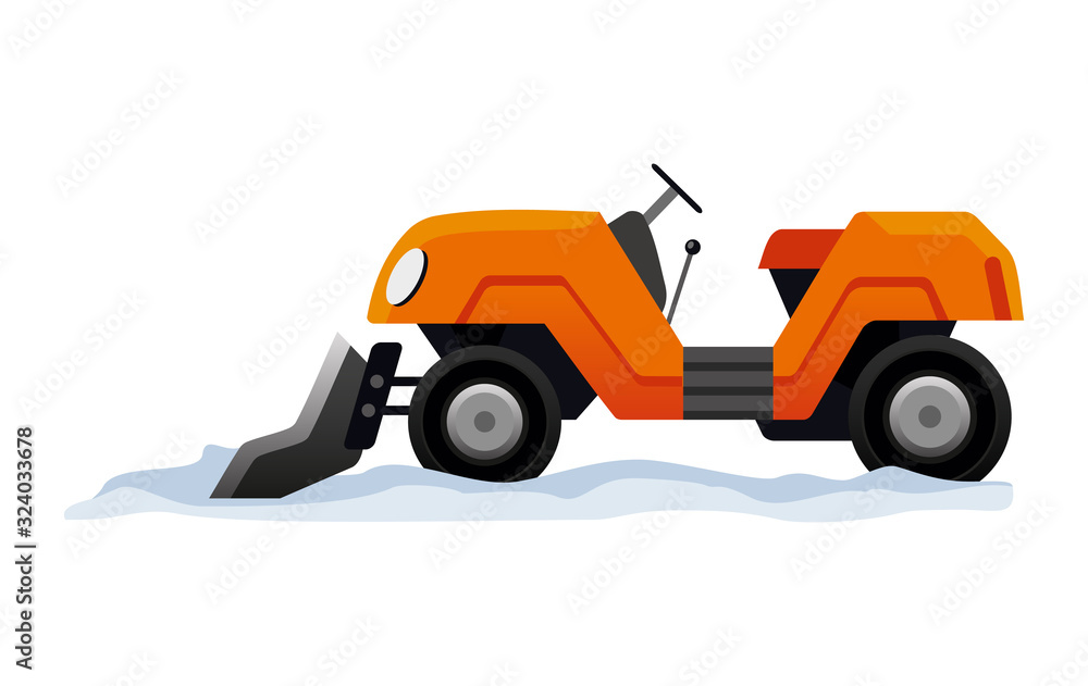 Equipment cleans the road from the snow. Road works. Snow plow equipment isolated on white background. Snow plow mini tractor, snowblower transportation Equipment cleans the road from the snow. Road works. Snow plow equipment isolated on white background. Snow plow mini tractor, snowblower transportation
