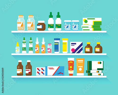 Shelves with medication vector illustration.