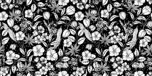 Floral black and white seamless pattern. Spring background from flowers of apple, cherry, sakura, tulips, snowdrops, tree branches and leaves. Vector eps 10