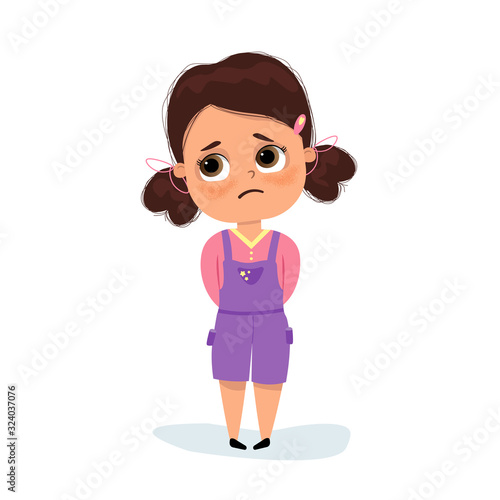 Cute kid girl shows facial expression. Lonely and sad little girl  with ponytails and pink sweater